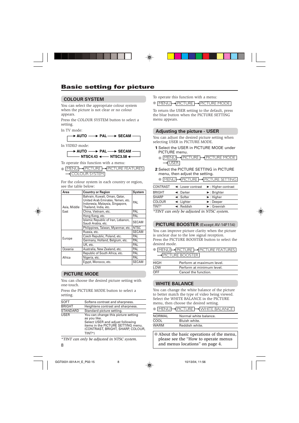 Basic setting for picture | JVC AV-14F114 User Manual | Page 8 / 16