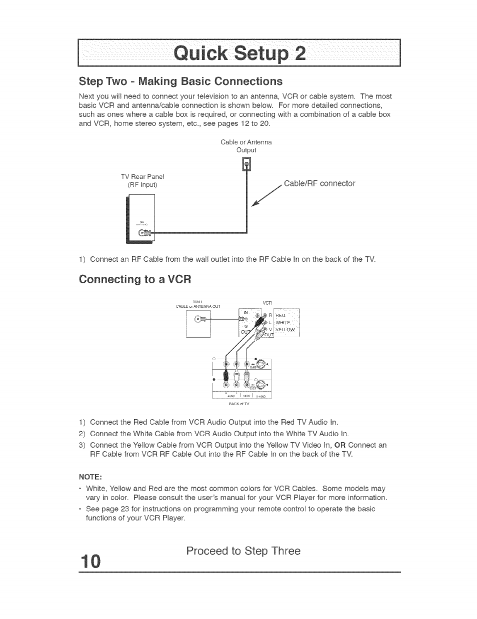 Quick setup 2, Step two - making basic connections, Connecting to a vcr | Proceed to step three | JVC AVO56WF30 User Manual | Page 10 / 68
