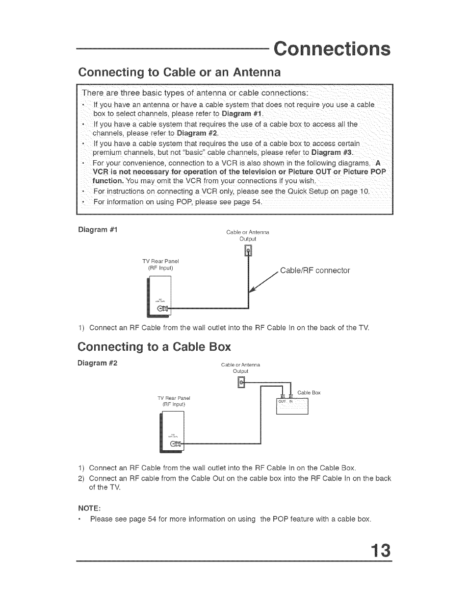 Connections, Connecting to cable or an antenna, Connecting to a cable box | JVC AVO56WF30 User Manual | Page 13 / 68