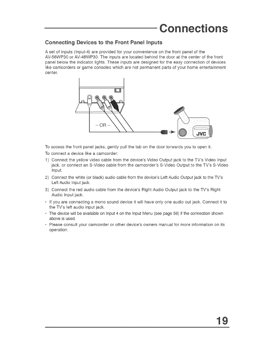 Connecting devices to the front panel inputs, Connections | JVC AVO56WF30 User Manual | Page 19 / 68