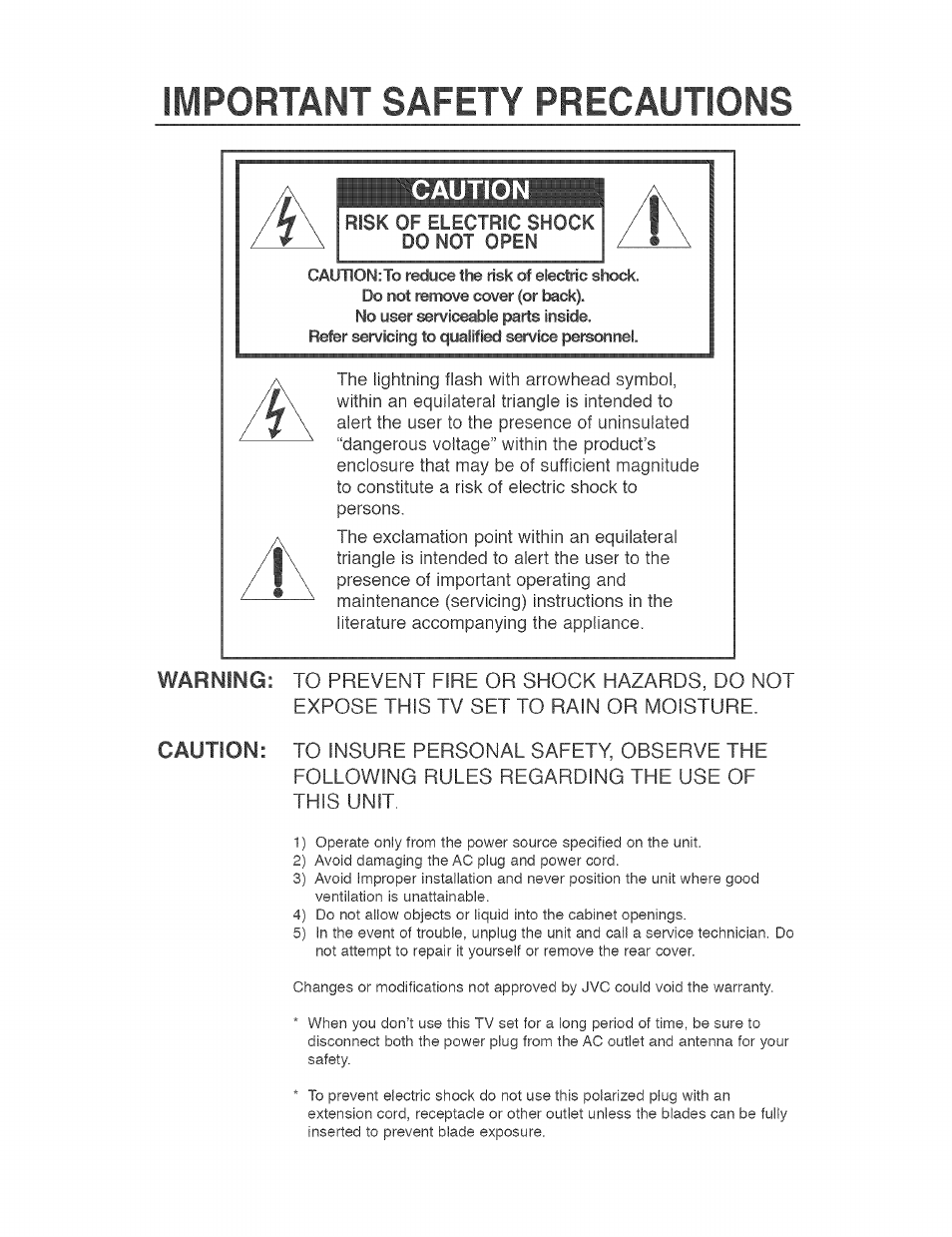 Important safety precautions, Caution, Warning: caution | JVC AVO56WF30 User Manual | Page 2 / 68