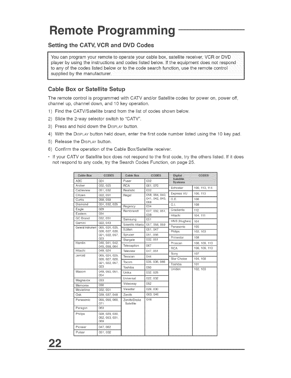 Remote programming, Setting the catv, vcr and dvd codes, Cable box or satellite setup | Button, With, Enter, 5) release the d | JVC AVO56WF30 User Manual | Page 22 / 68