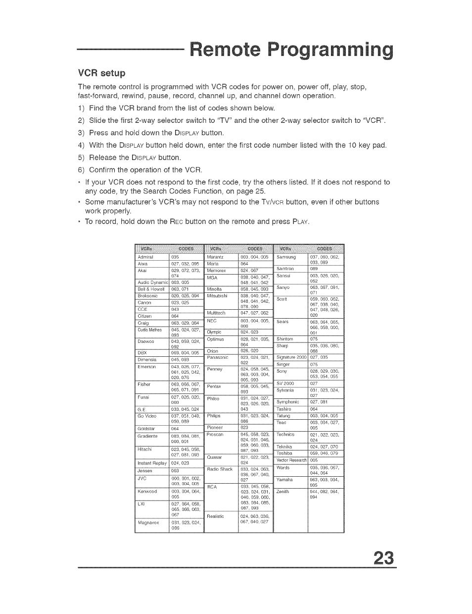 Vcr setup, Remote programming, Button. 4) with the d | Button, even, Button on the remote and press p | JVC AVO56WF30 User Manual | Page 23 / 68