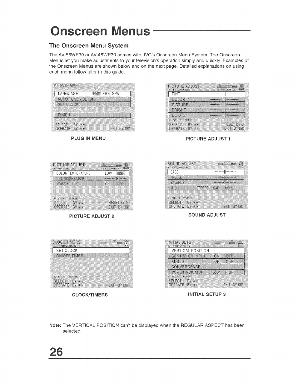 Onscreen menus, The onscreen menu system | JVC AVO56WF30 User Manual | Page 26 / 68