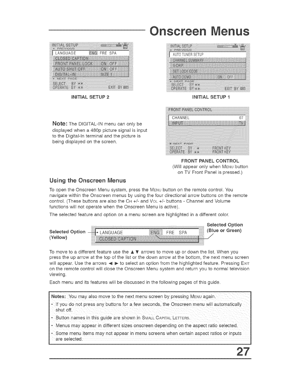 Onscreen menus, Using the onscreen menus | JVC AVO56WF30 User Manual | Page 27 / 68