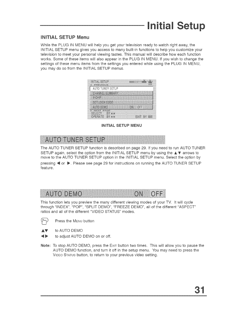 Initial setup, Initial setup menu | JVC AVO56WF30 User Manual | Page 31 / 68