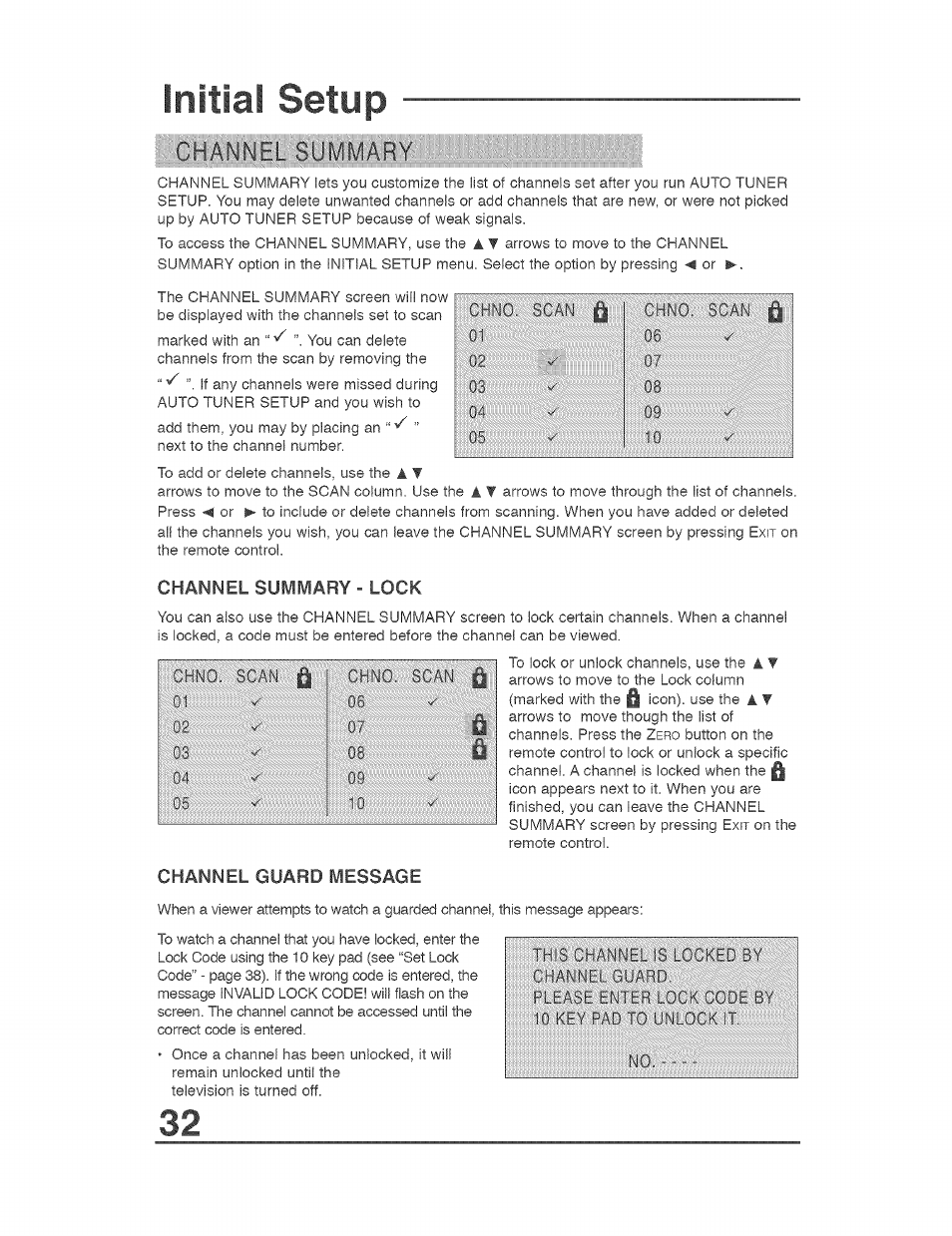 Channel summary - lock, Channel guard message, Channel summary | JVC AVO56WF30 User Manual | Page 32 / 68