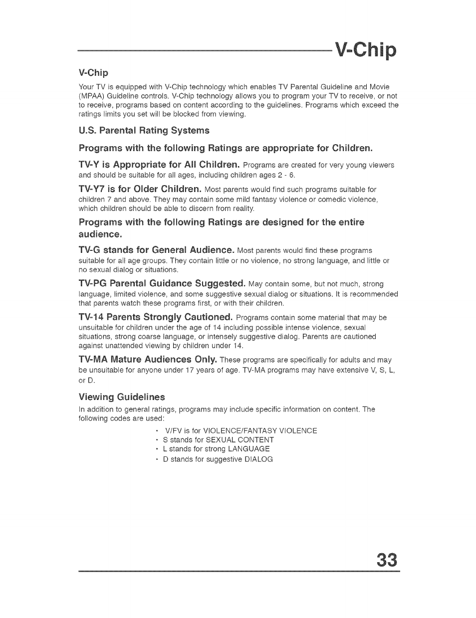 V-chip, U.s. parental rating systems, Viewing guidelines | JVC AVO56WF30 User Manual | Page 33 / 68