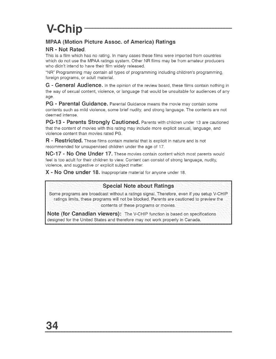 Special note, about ratings .vi t-t/'tttt, V-chip | JVC AVO56WF30 User Manual | Page 34 / 68