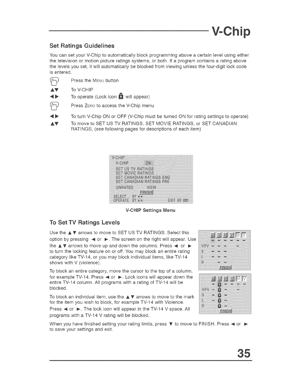 Set ratings guidelines, To set tv ratings levels, V-chip | JVC AVO56WF30 User Manual | Page 35 / 68