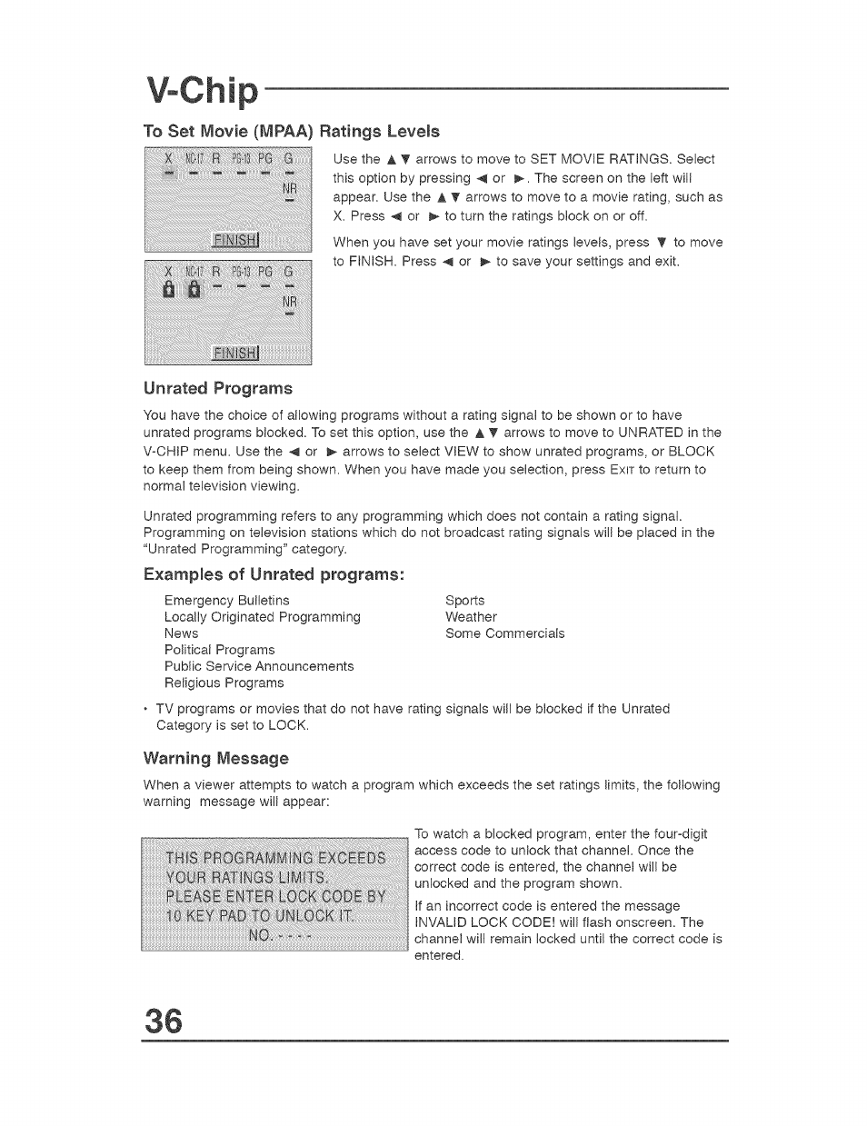To set movie (mpaa) ratings levels, Unrated programs, Examples of unrated programs | Warning message, V-chip | JVC AVO56WF30 User Manual | Page 36 / 68