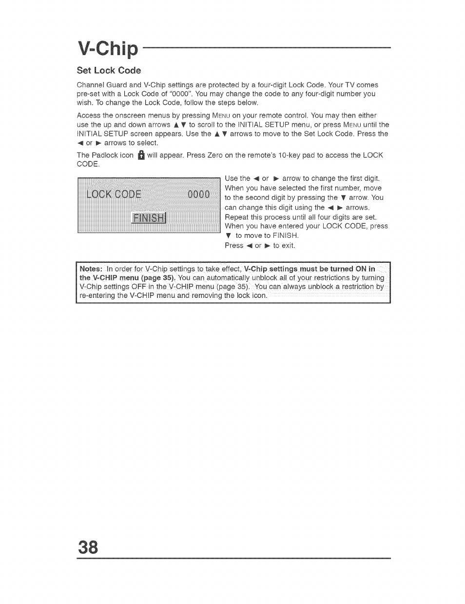 Set lock code, V-chip | JVC AVO56WF30 User Manual | Page 38 / 68