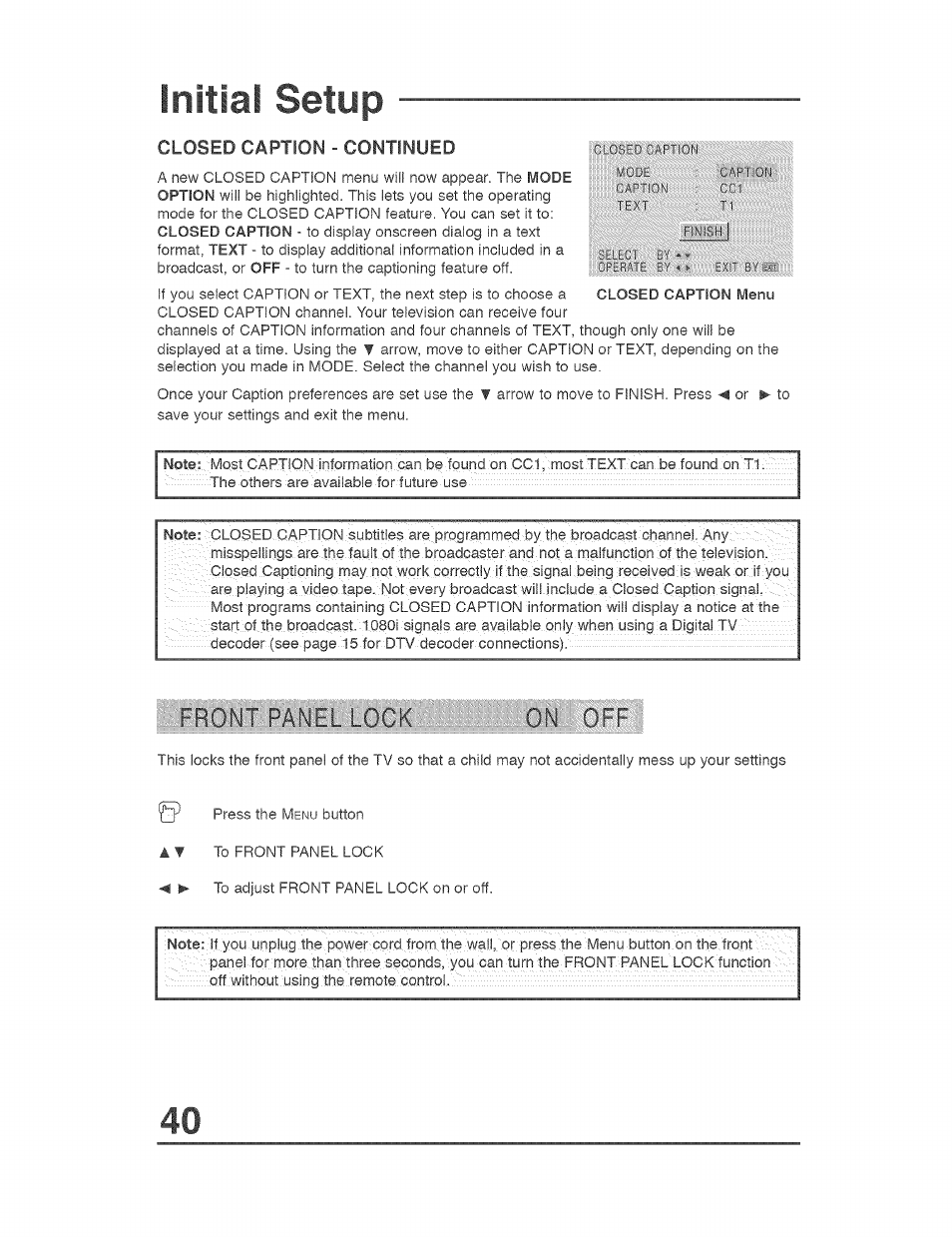 Closed caption - continued, Initial setup | JVC AVO56WF30 User Manual | Page 40 / 68