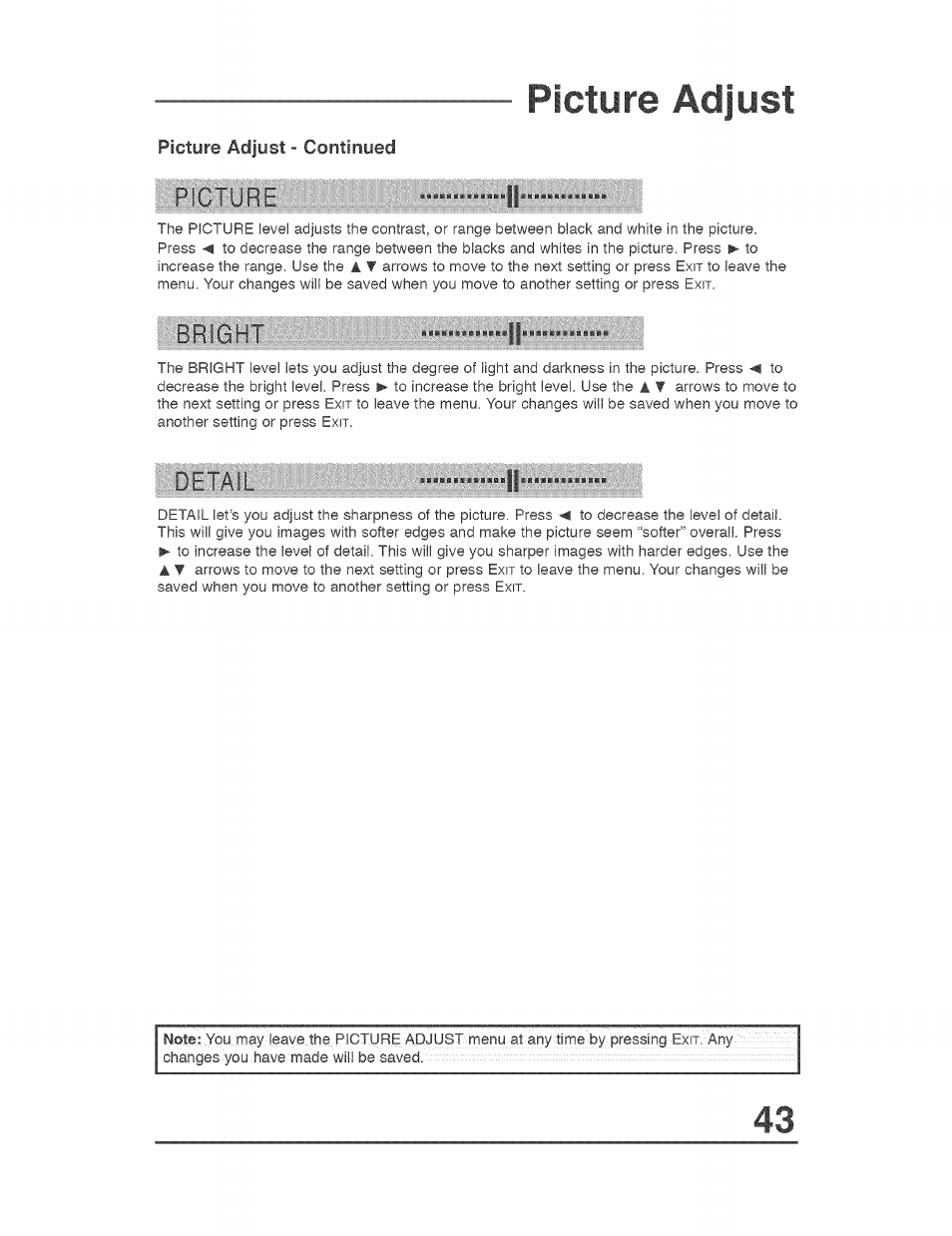 Picture adjust - continued, Picture adjust | JVC AVO56WF30 User Manual | Page 43 / 68