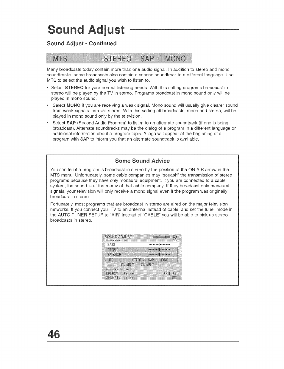 Some sound advice, Sound advice, Sound adjust | Sound adjust - continued | JVC AVO56WF30 User Manual | Page 46 / 68