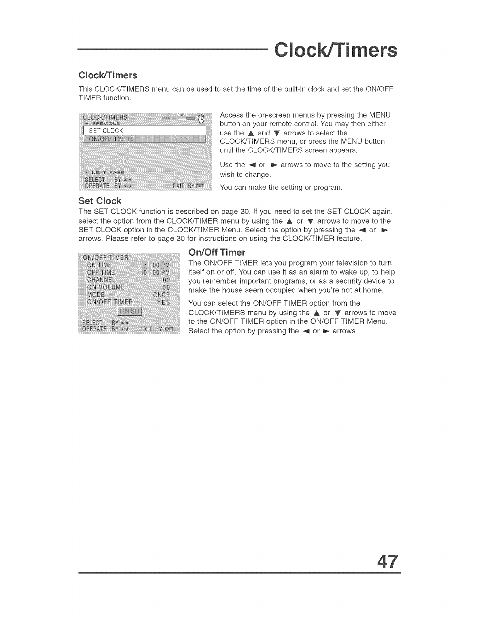 Clock/timers, Set clock, On/off timer | Clock /timers, Clock timers set clock | JVC AVO56WF30 User Manual | Page 47 / 68