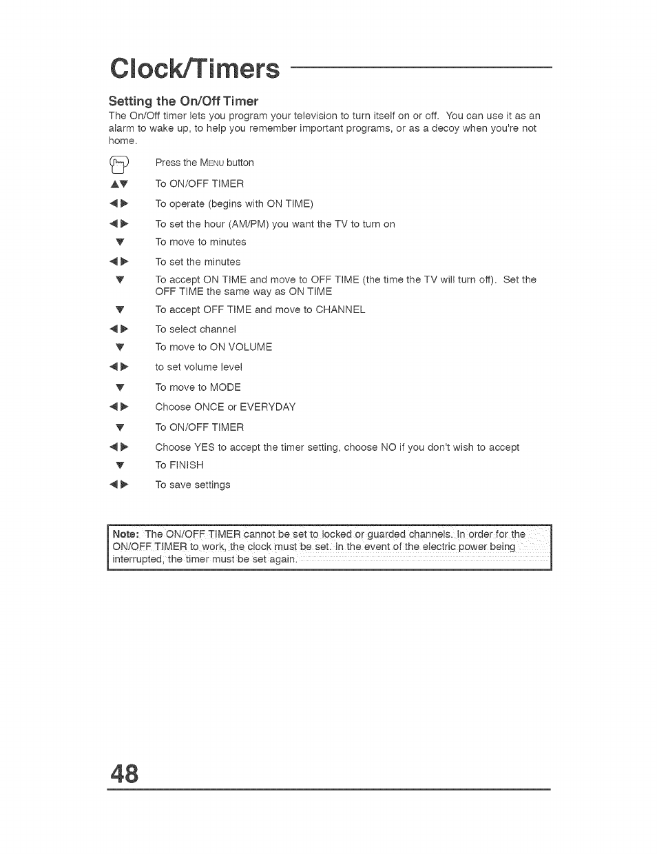 Clock/timers, Setting the on/off timer | JVC AVO56WF30 User Manual | Page 48 / 68