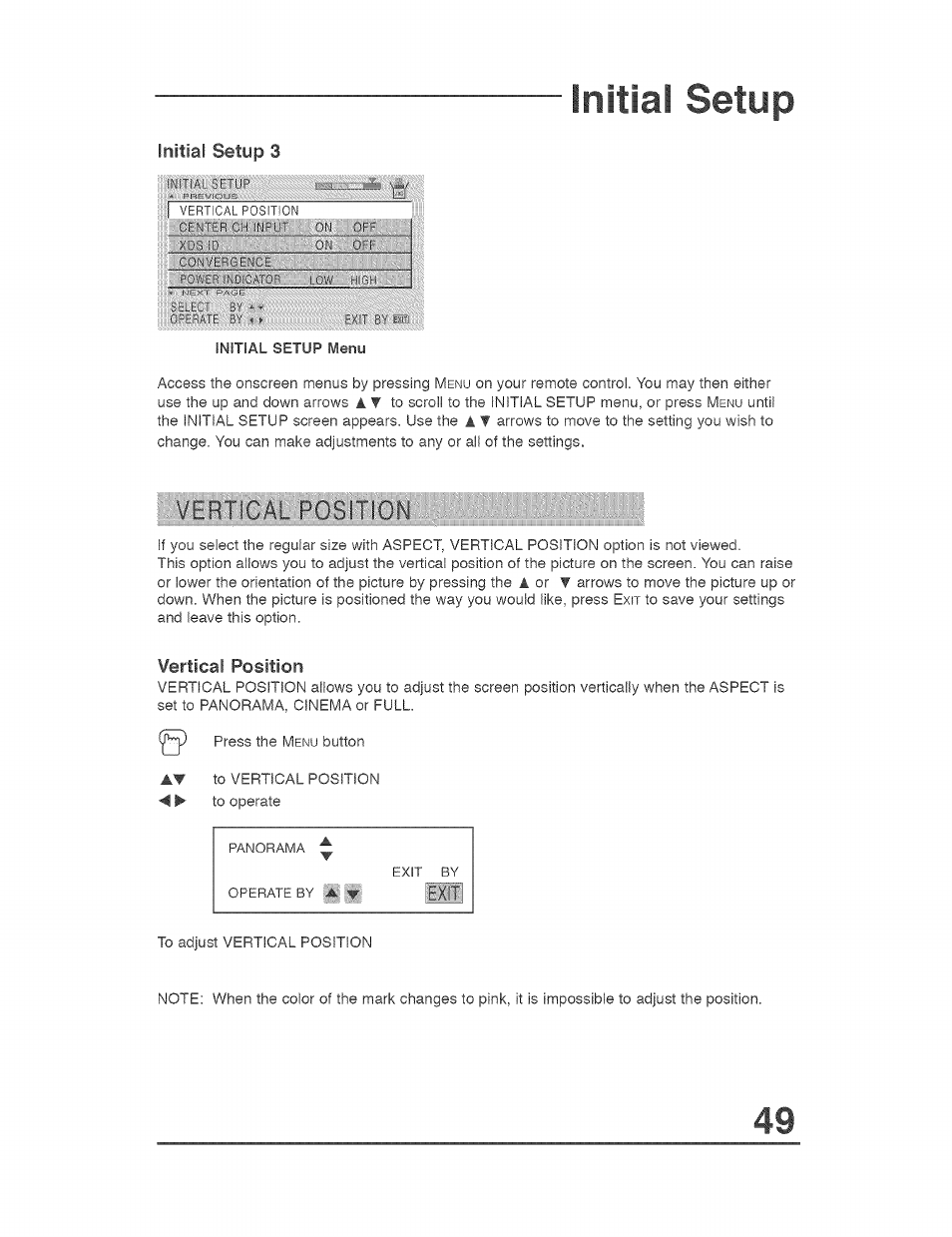 Initial setup, Initial setup 3, Vertical position | JVC AVO56WF30 User Manual | Page 49 / 68