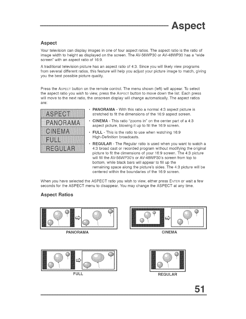 Aspect, Aspect ratios, Panorama | Full | JVC AVO56WF30 User Manual | Page 51 / 68