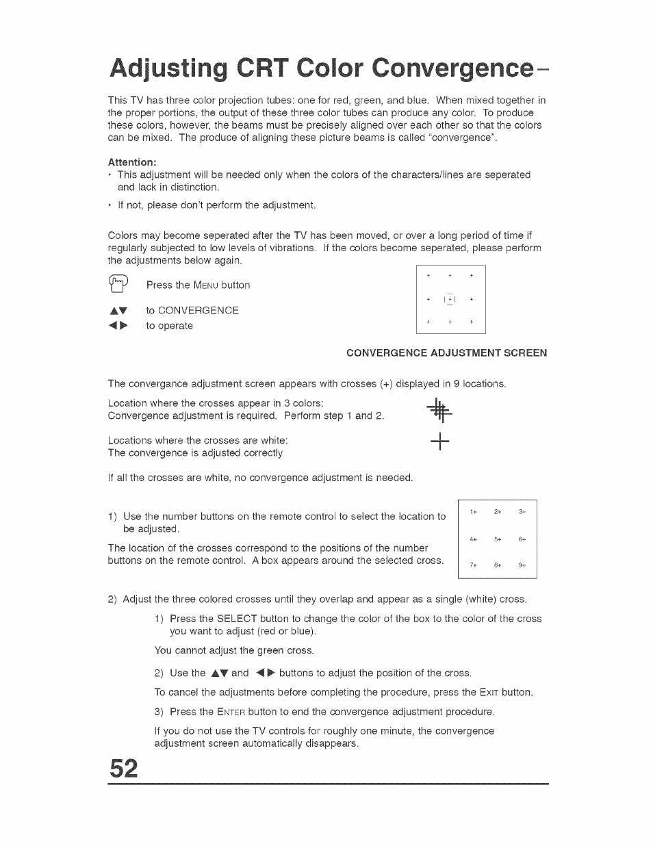 Adjusting crt color convergence | JVC AVO56WF30 User Manual | Page 52 / 68