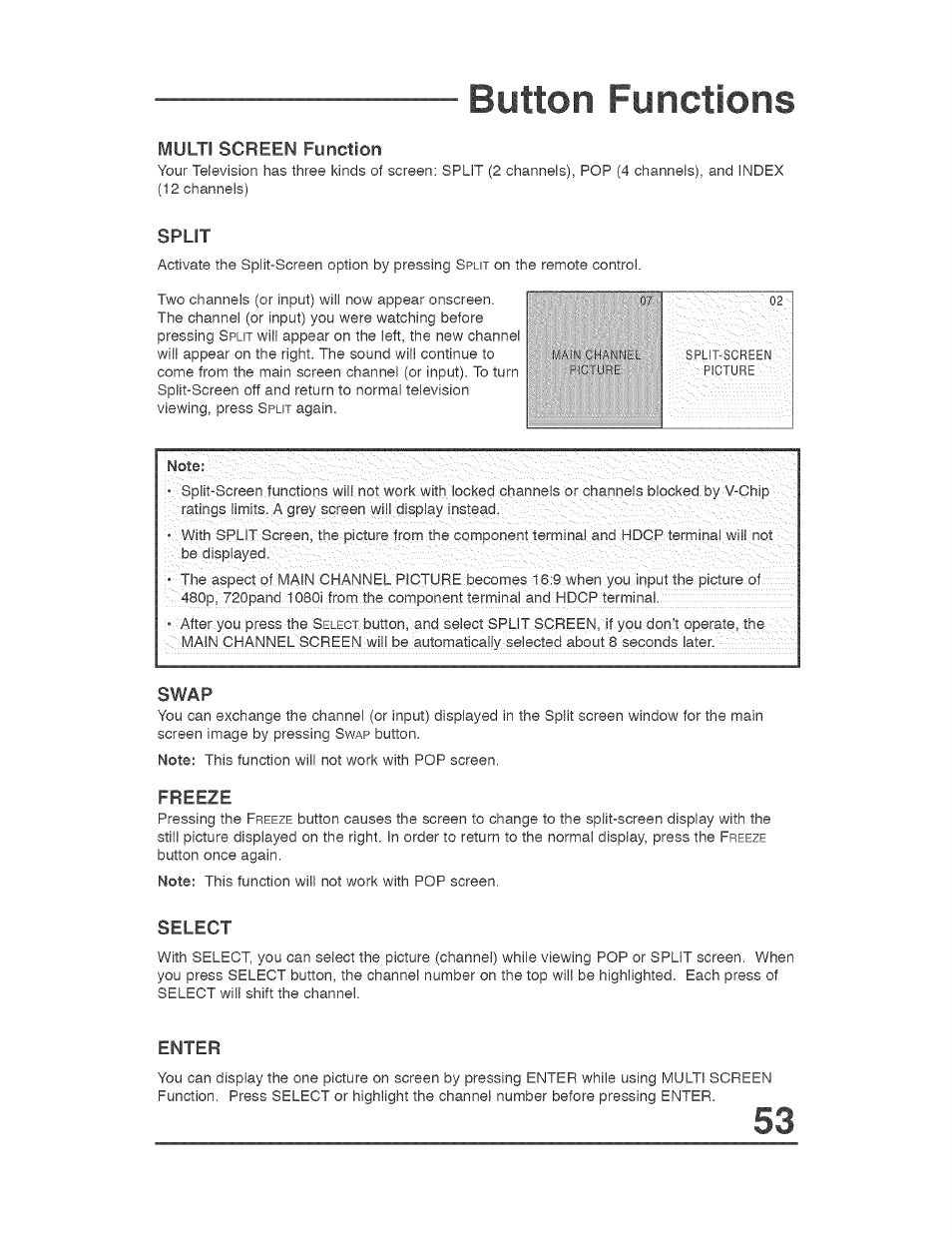 Multi screen function, Split, Button functions | JVC AVO56WF30 User Manual | Page 53 / 68