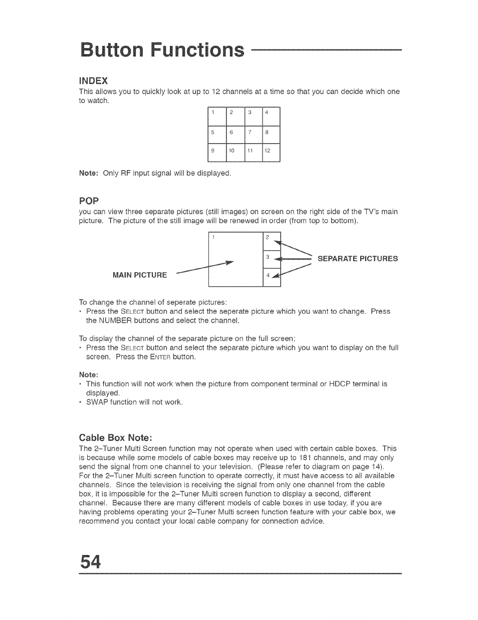 Index, Cable box note, Index pop | Button functions | JVC AVO56WF30 User Manual | Page 54 / 68