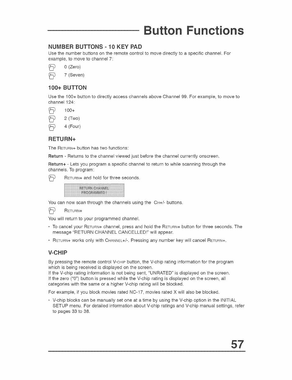 Number buttons ^ 10 key pad, 100+ button, Return | V-chip, 100+button return, V-chtp, Button functions | JVC AVO56WF30 User Manual | Page 57 / 68