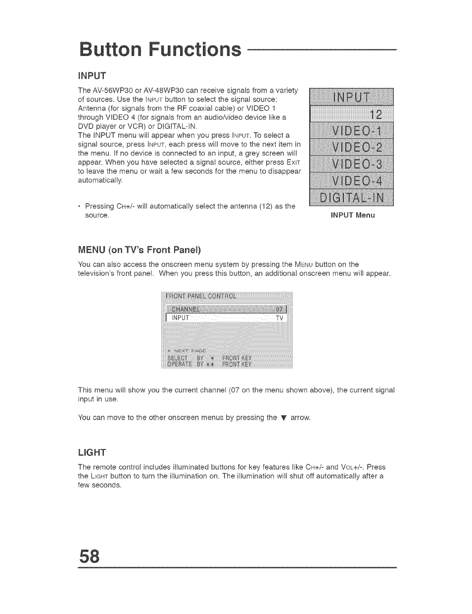 Input, Menu (on tv’s front panel), Light | Input menu (on tv’s front panel) light, Button functions | JVC AVO56WF30 User Manual | Page 58 / 68