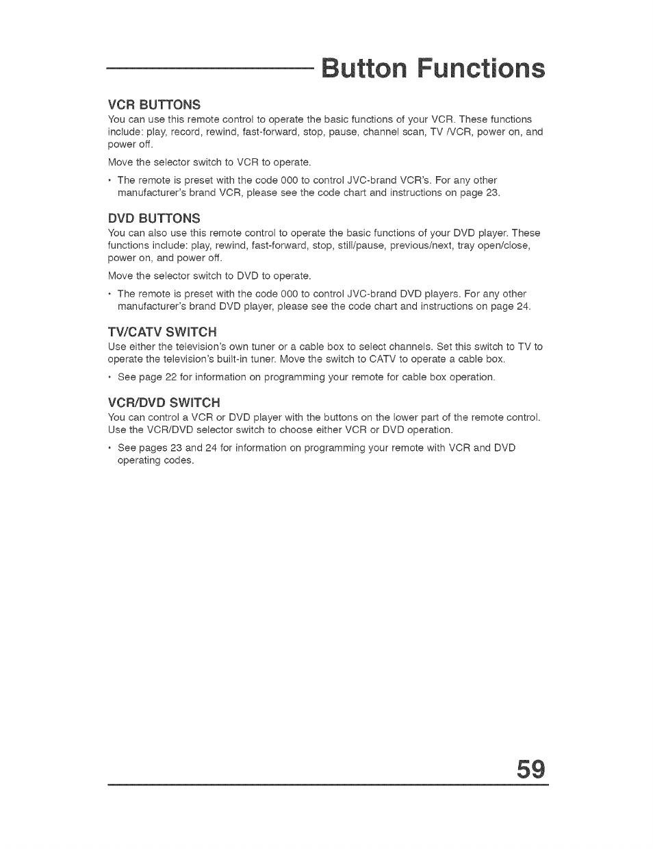 Vcr buttons, Dvd buttons, Tv/catv switch | Vcr/dvd switch, Tv/catv switch vcr/dvd switch, Button functions | JVC AVO56WF30 User Manual | Page 59 / 68