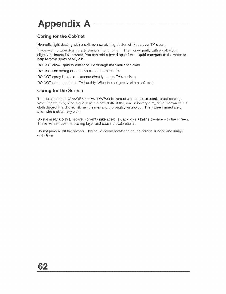 Appendix a, Caring for the cabinet, Caring for the screen | JVC AVO56WF30 User Manual | Page 62 / 68
