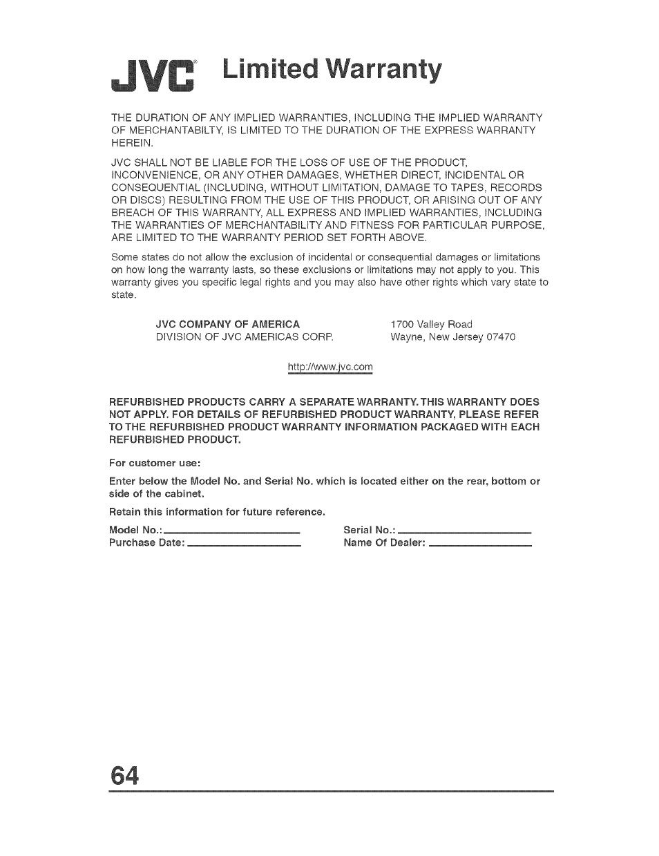 Jvc limited warranty, Limited warranty | JVC AVO56WF30 User Manual | Page 64 / 68