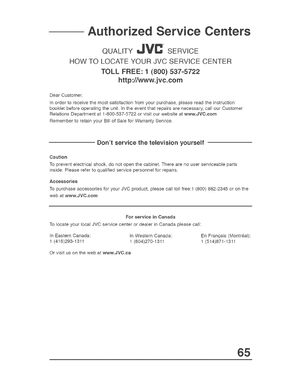 Authorized service centers | JVC AVO56WF30 User Manual | Page 65 / 68
