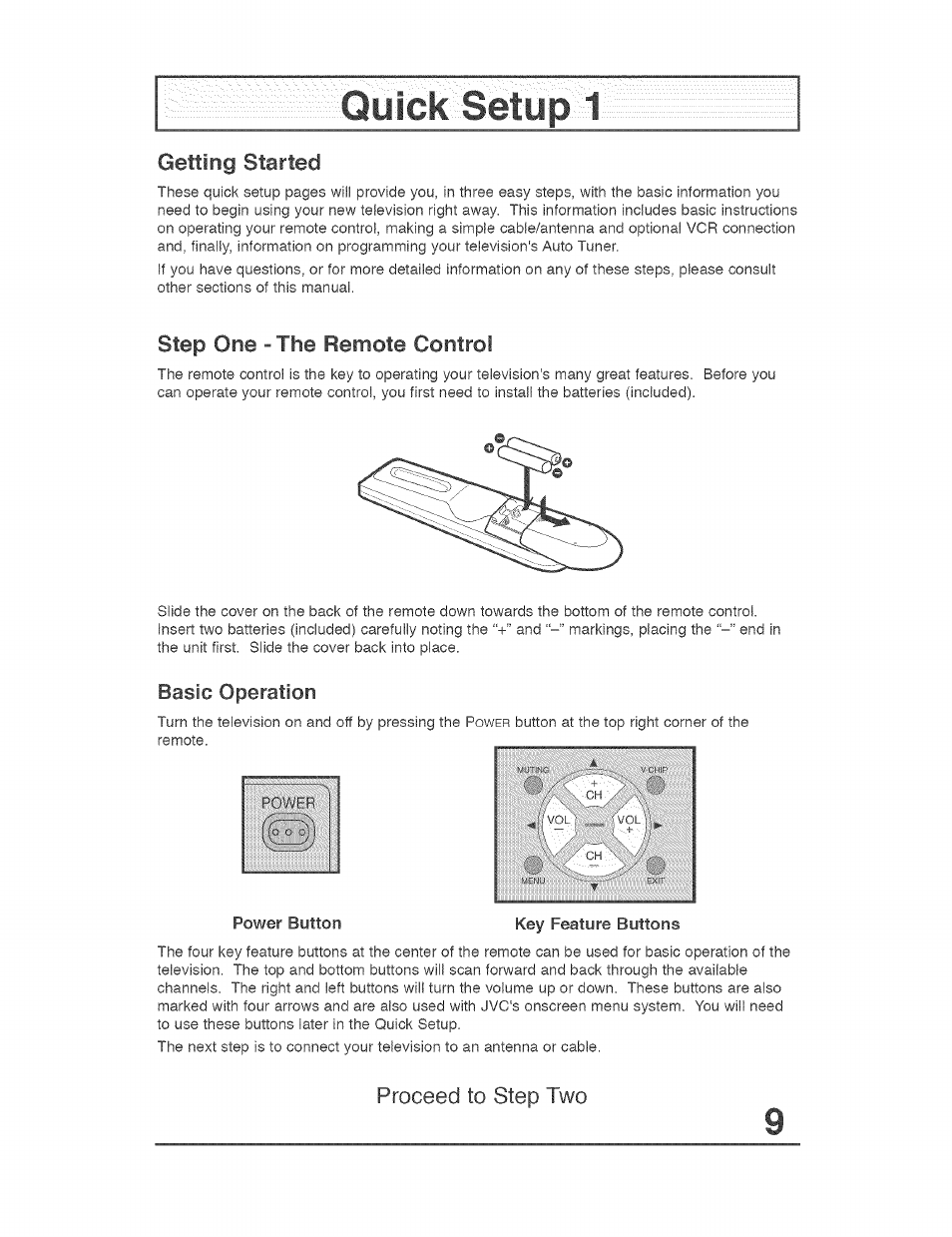 Getting started, Step one - the remote control, Proceed to step two | Basic operation | JVC AVO56WF30 User Manual | Page 9 / 68