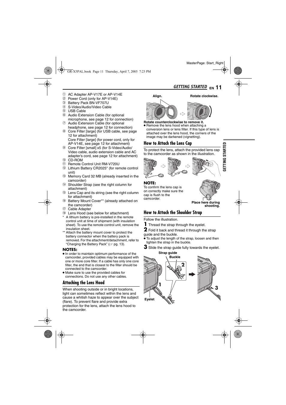 Attaching the lens hood, How to attach the lens cap, How to attach the shoulder strap | Pg. 11) | JVC GR-X5EK User Manual | Page 11 / 64