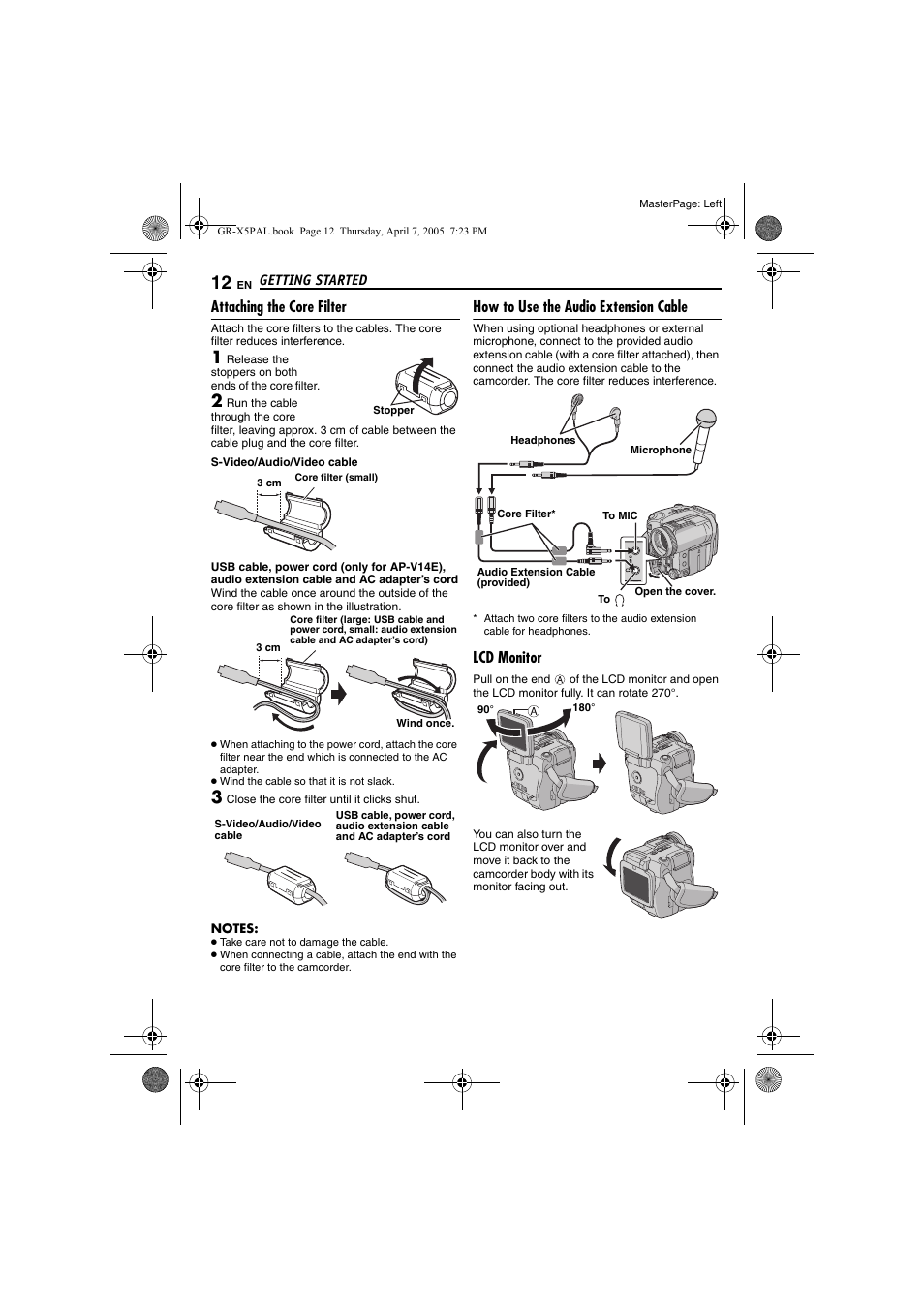 Attaching the core filter, How to use the audio extension cable, Lcd monitor | Pg. 12, 50, Pg. 12, Pg. 12), 12 f | JVC GR-X5EK User Manual | Page 12 / 64