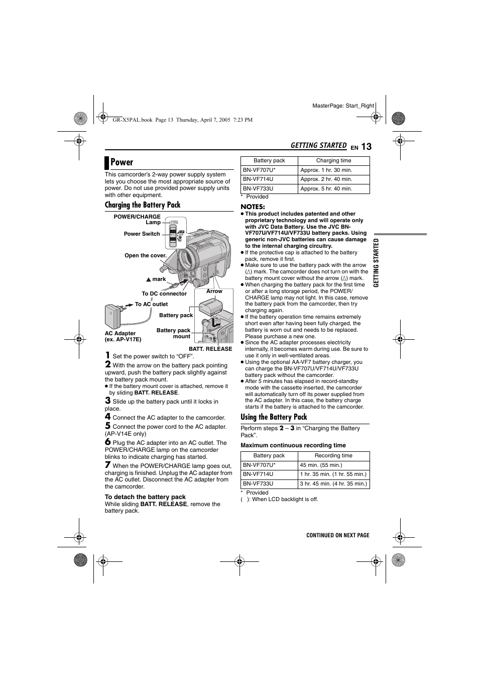 Power, Charging the battery pack, Using the battery pack | Pg. 13), R [dc, Pg. 13, 18 | JVC GR-X5EK User Manual | Page 13 / 64