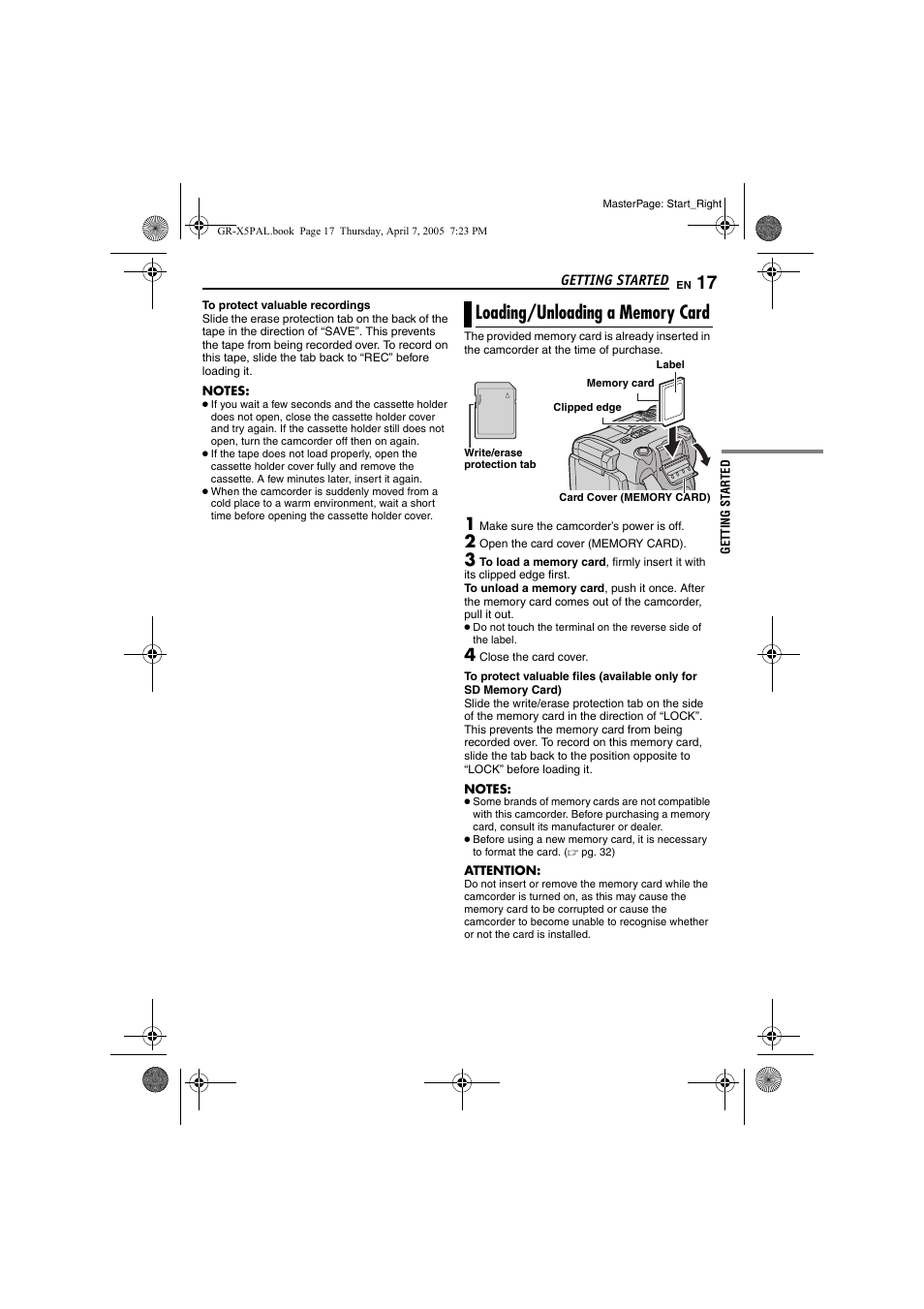 Loading/unloading a memory card, Pg. 17) | JVC GR-X5EK User Manual | Page 17 / 64