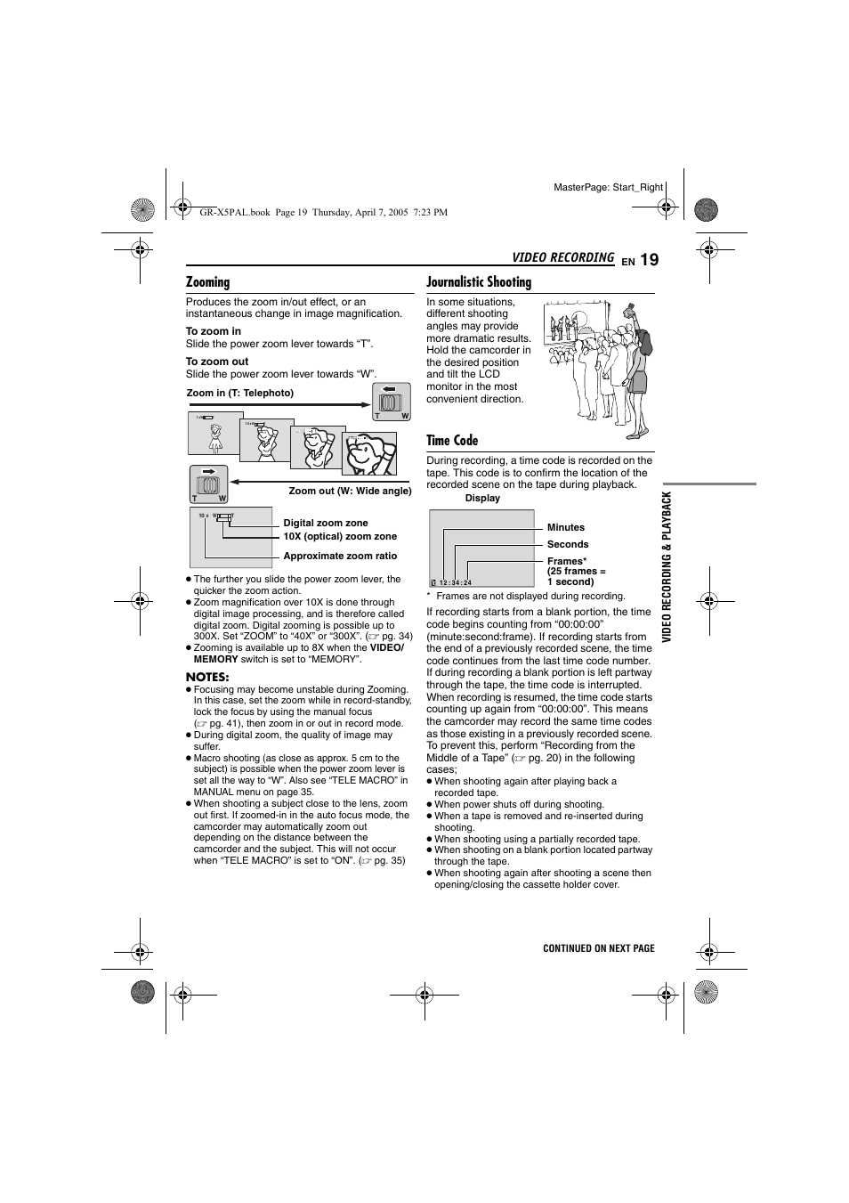 Zooming, Journalistic shooting, Time code | 19 journalistic shooting, 19 time code, Pg. 19), Pg. 19, Video recording | JVC GR-X5EK User Manual | Page 19 / 64