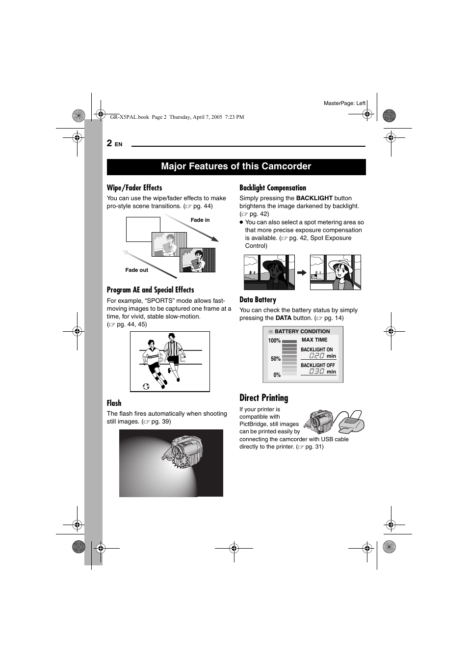 Direct printing, Major features of this camcorder | JVC GR-X5EK User Manual | Page 2 / 64