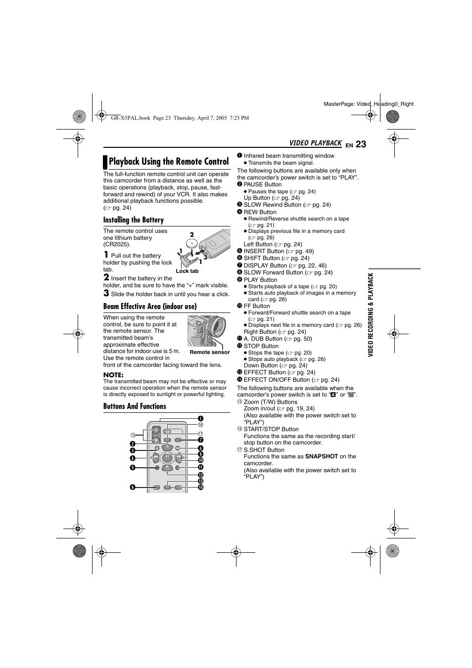 Playback using the remote control, Installing the battery, Beam effective area (indoor use) | Buttons and functions, Pg. 23) | JVC GR-X5EK User Manual | Page 23 / 64