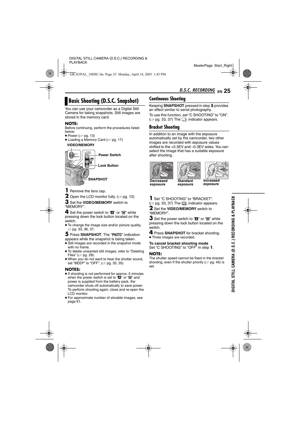D.s.c. recording, Basic shooting (d.s.c. snapshot), Continuous shooting | Bracket shooting, Digital still camera (d.s.c.) recording & playback, 25 bracket shooting, Pg. 25, 3, Pg. 25), Pg. 25 | JVC GR-X5EK User Manual | Page 25 / 64