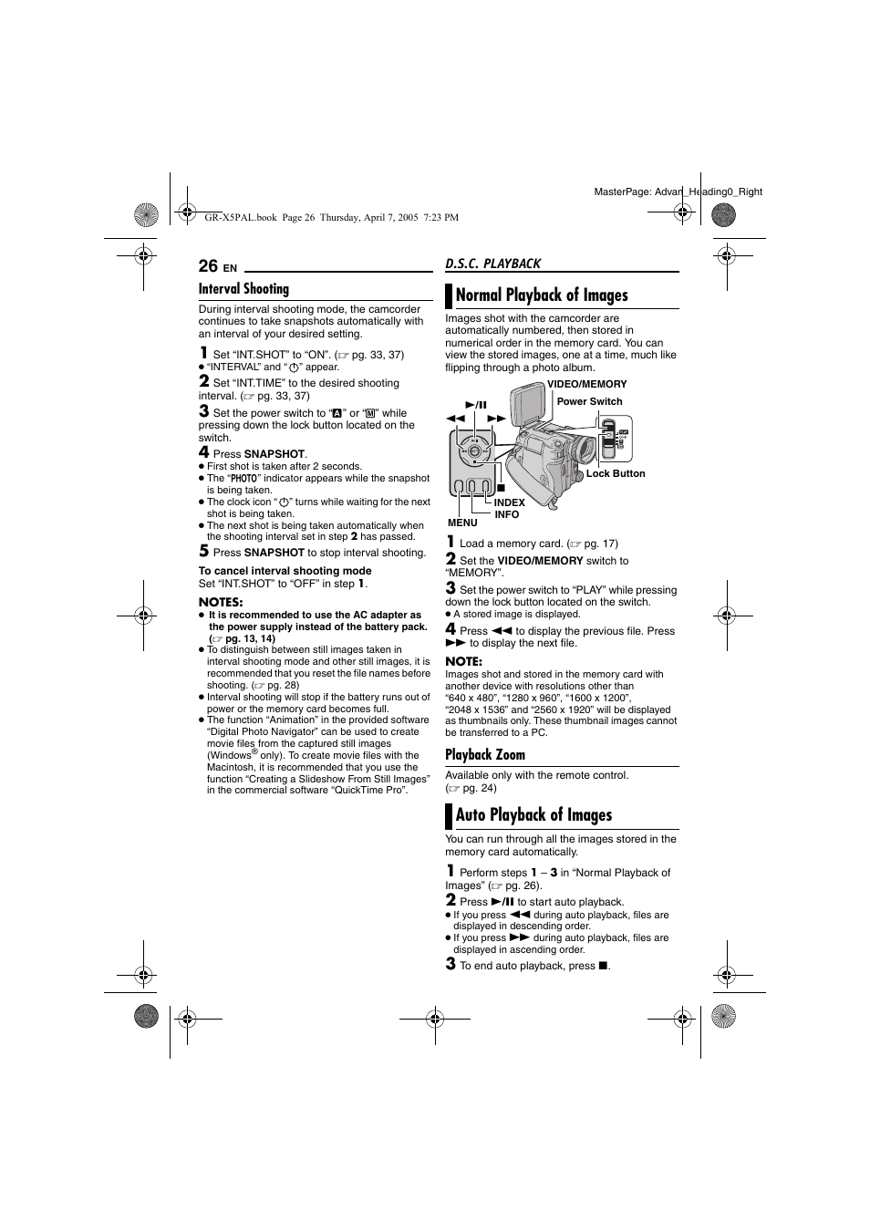 Interval shooting, D.s.c. playback, Normal playback of images | Playback zoom, Auto playback of images, 26 auto playback of images, Pg. 26), Card (੬ pg. 26), Normal playback of images auto playback of images | JVC GR-X5EK User Manual | Page 26 / 64