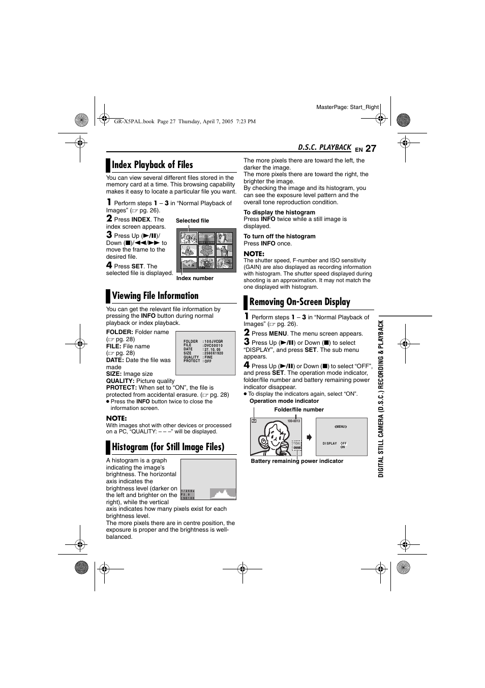 Index playback of files, Viewing file information, Histogram (for still image files) | Removing on-screen display, 27 viewing file information, 27 histogram (for still image files), 27 removing on-screen display, Info, Pg. 27), Ndex | JVC GR-X5EK User Manual | Page 27 / 64