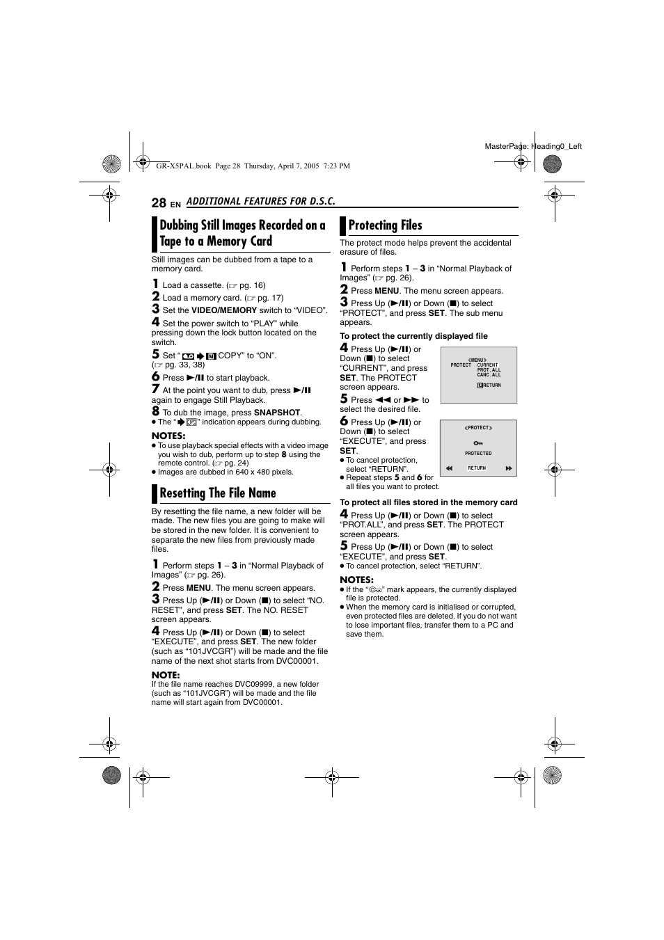 Additional features for d.s.c, Resetting the file name, Protecting files | Dubbing still images recorded on a tape to a, Memory card, 28 protecting files, Pg. 28) | JVC GR-X5EK User Manual | Page 28 / 64