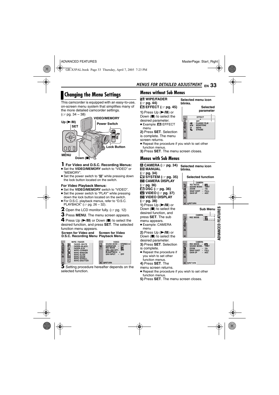 Menus for detailed adjustment, Changing the menu settings, Menus without sub menus | Menus with sub menus, Pg. 33, Advanced features, Pg. 33), Pg. 33, 38), Pg. 33, 36, Pg. 33, 37 | JVC GR-X5EK User Manual | Page 33 / 64