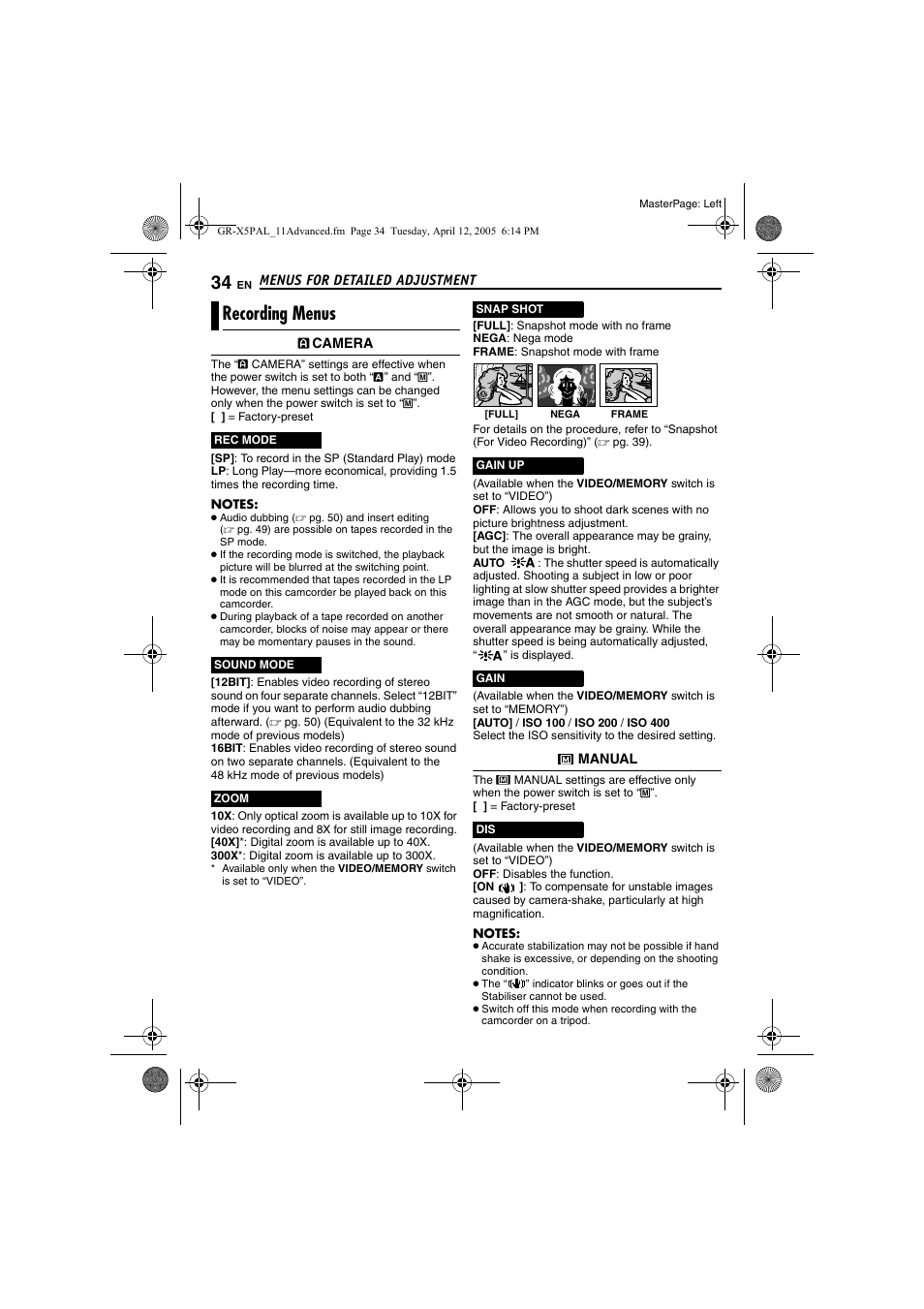 Recording menus, Pg. 34), Pg. 34 | JVC GR-X5EK User Manual | Page 34 / 64