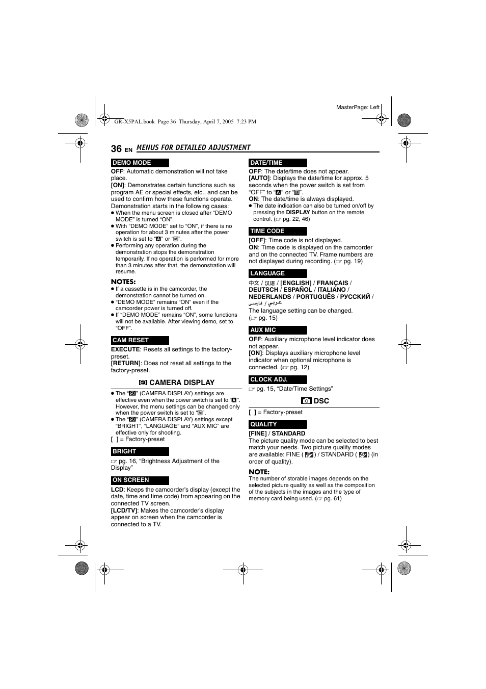 Pg. 36, “aux mic” ), Pg. 36), Is set to “on | JVC GR-X5EK User Manual | Page 36 / 64