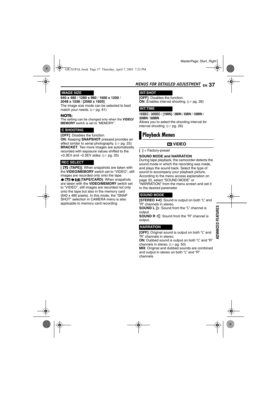 Playback menus, Pg. 37) | JVC GR-X5EK User Manual | Page 37 / 64