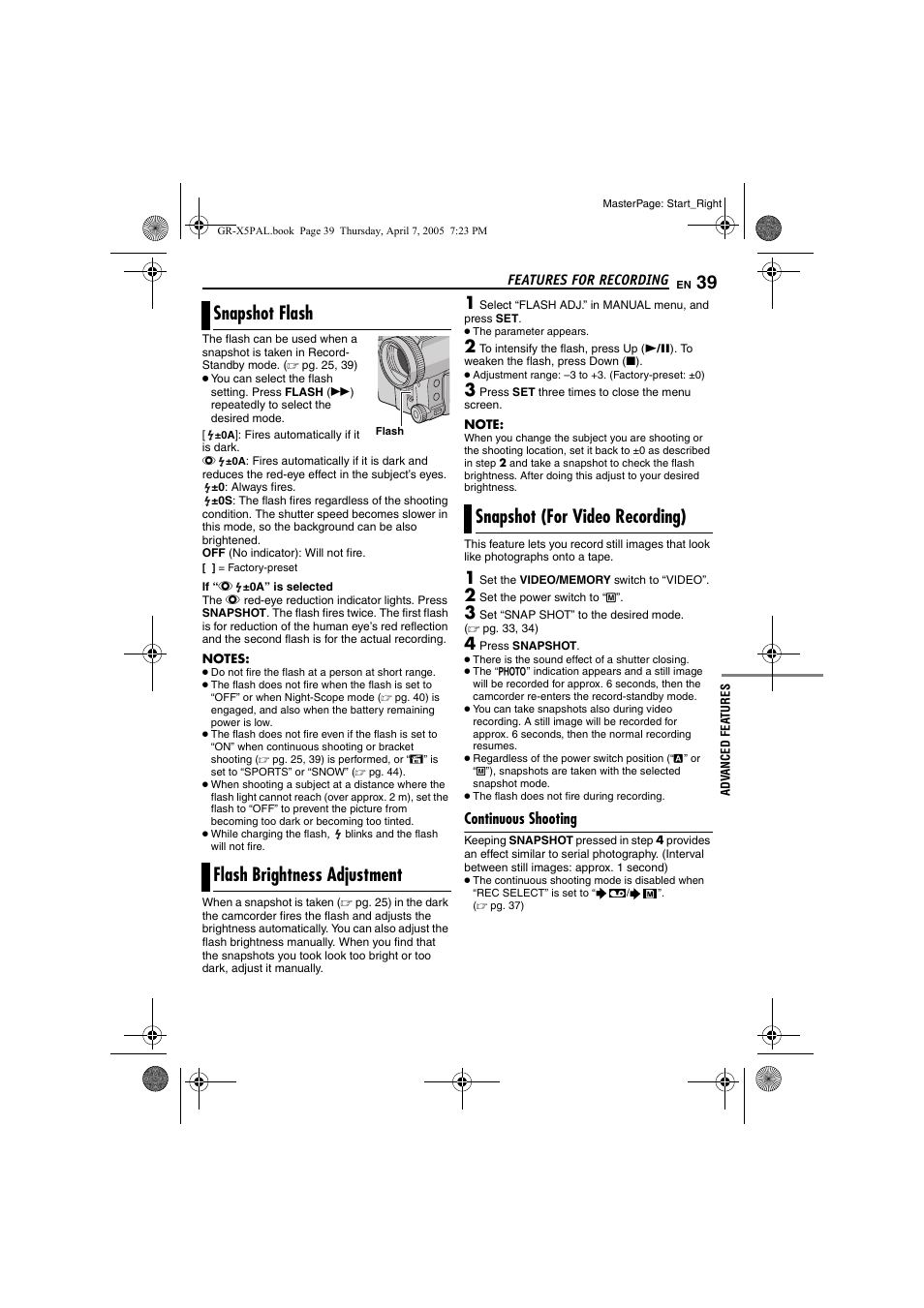 Features for recording, Snapshot flash, Flash brightness adjustment | Snapshot (for video recording), Continuous shooting, Pg. 39), 39 flash brightness adjustment, 39 snapshot (for video recording), Pg. 39, “flash brightness adjustment, Snapshot flash flash brightness adjustment | JVC GR-X5EK User Manual | Page 39 / 64