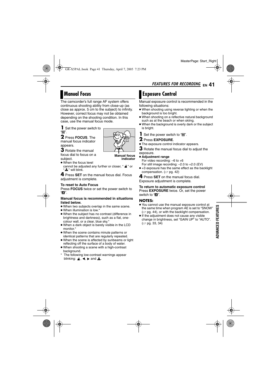 Manual focus, Exposure control, 41 exposure control | Pg. 41), Focus | JVC GR-X5EK User Manual | Page 41 / 64